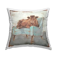 Stupell Industries Brown Cattle on a Blue Chair Funny Chic Farmhouse Throw Pillow 18" x 18"