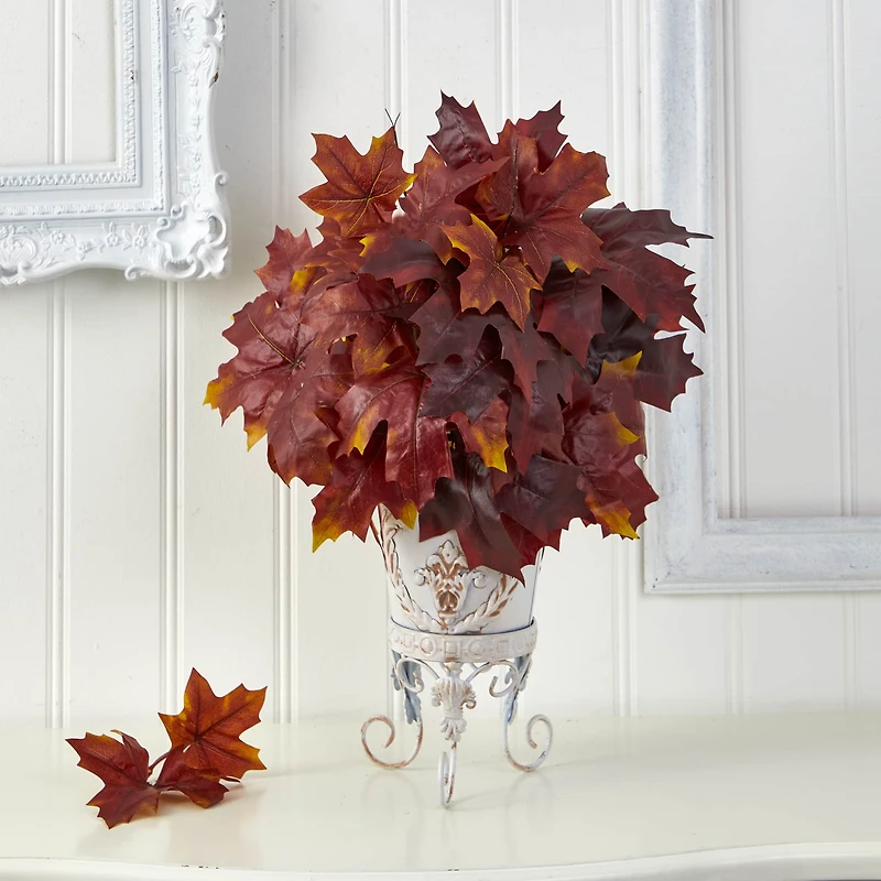20" Autumn Maple Leaf Plant in Metal Planter