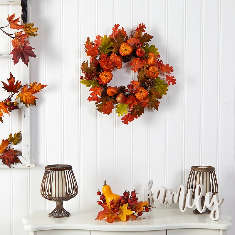 20" Maple Leaf, Pumpkin Gourd, Pinecone & Berry Artificial Fall Wreath