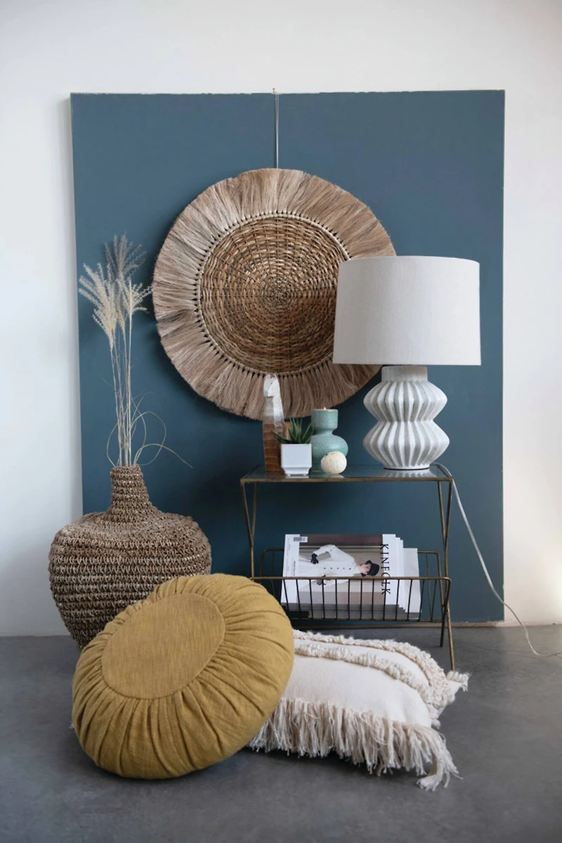 Hello Honey® 22" Distressed White Finish Fluted Terracotta Table Lamp with Linen Shade