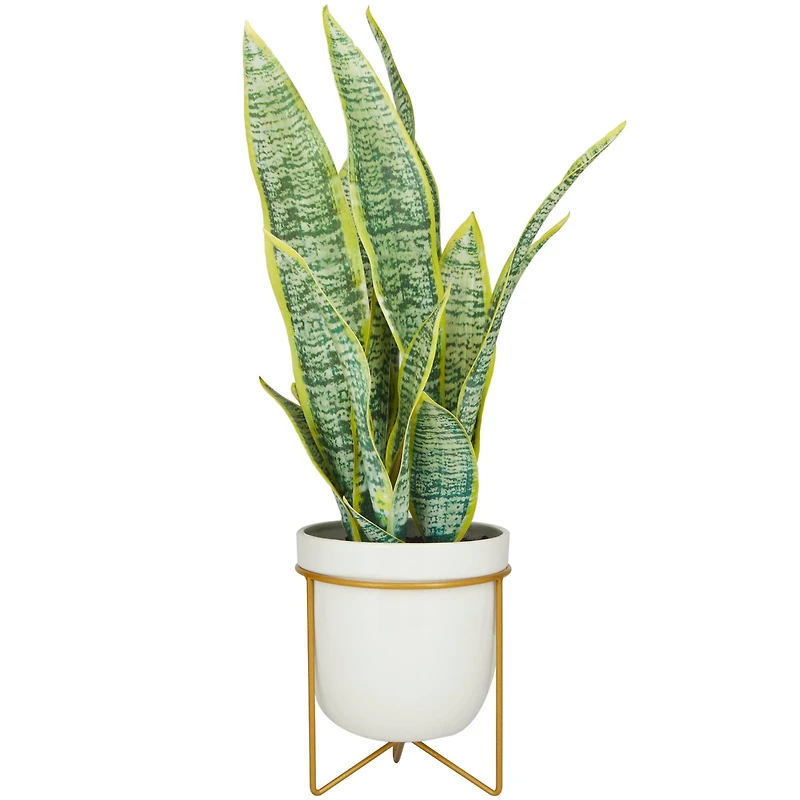 The Novogratz 25" Green Snake Faux Foliage Artificial Plant with White Porcelain Pot and Gold Stand
