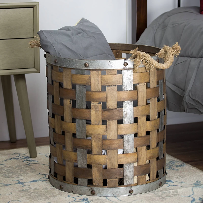 Rustic Farmhouse Bamboo & Metal Storage Basket