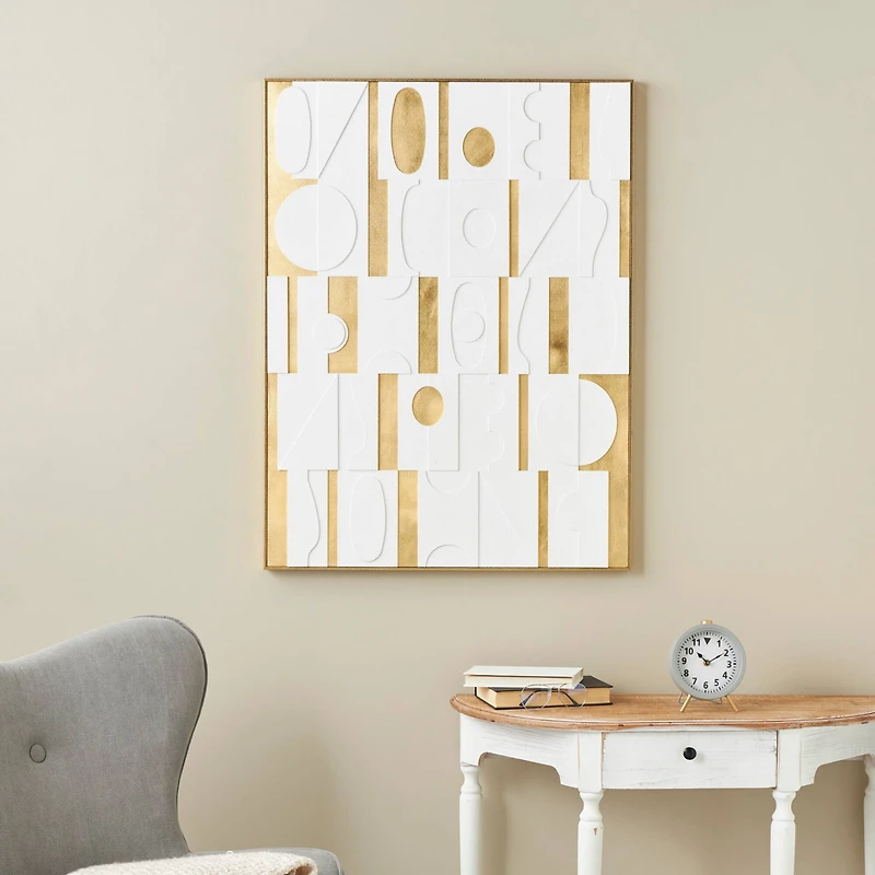  30" x 39" White Wooden Abstract Geometric Shape Framed Wall Art with Gold Accents