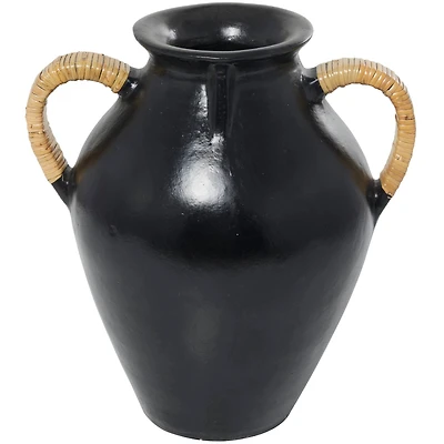 19" Black Ceramic Jug Vase with Rattan Wrapped Handles