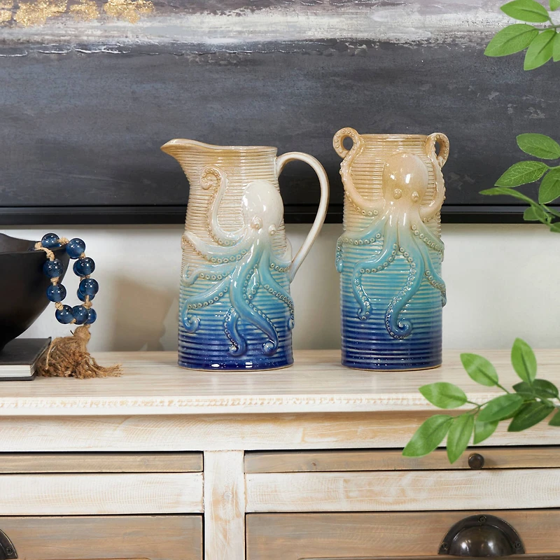 Blue Ombre Ceramic Octopus Vase Set