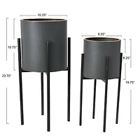 Hello Honey® Charcoal Grey & Black Boho Metal Planters with Gold Rim & Stands Set
