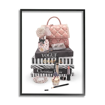 Stupell Industries Fashion Bookstack Purse Perfume Pink Glam Design Framed Wall Art