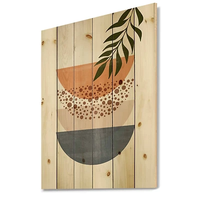 Designart - Abstract Geometrical Sun and Moon With Leaf III - Modern Print on Natural Pine Wood