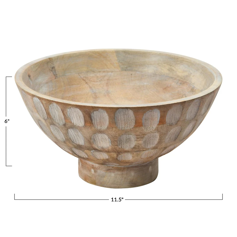 Hello Honey® 6" Whitewashed Footed Mango Wood Bowl with Carved Circle Accents