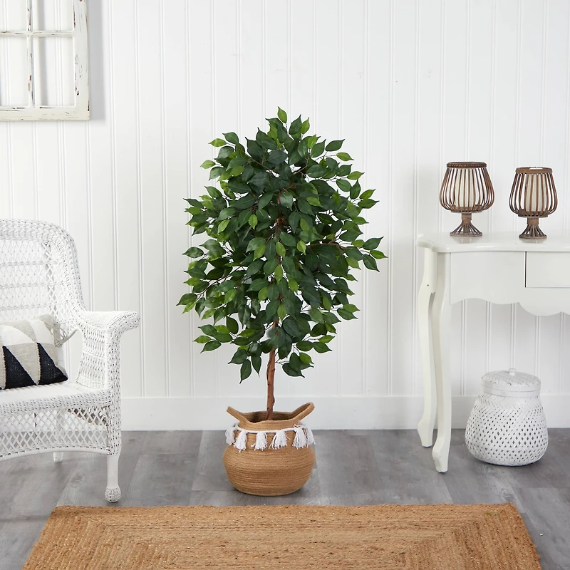 4ft. Ficus Artificial Tree in Boho Chic Handmade Natural Cotton Woven Planter with Tassels