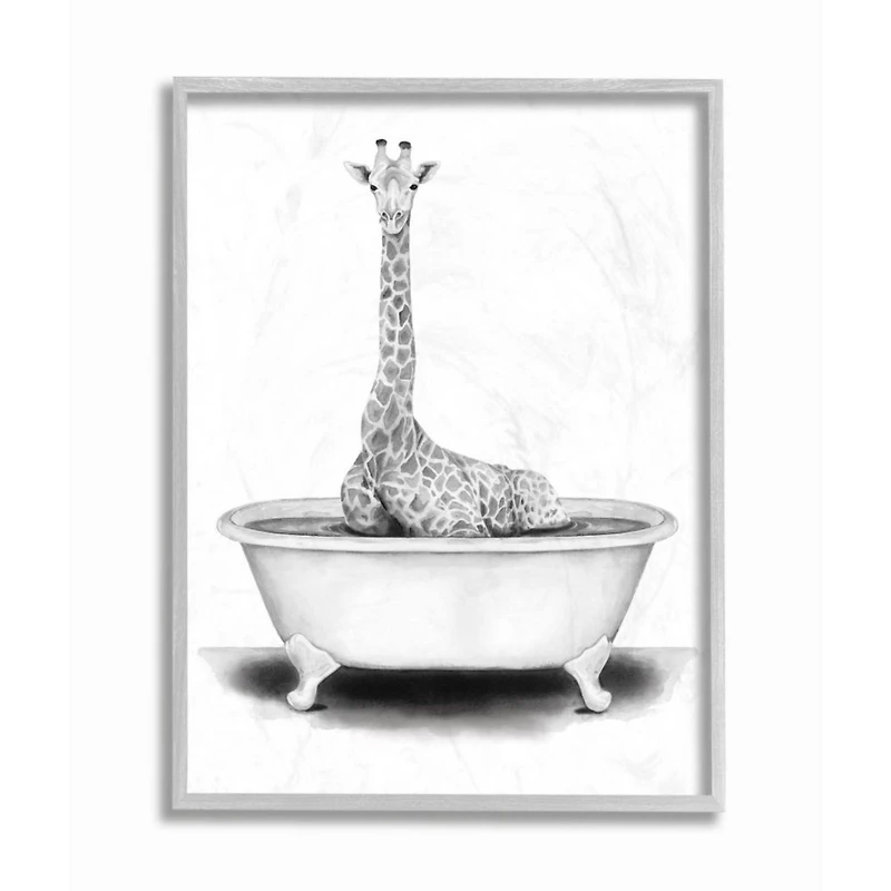 Stupell Industries Giraffe In A Tub Drawing with Gray Frame Wall Accent