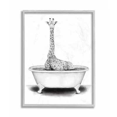 Stupell Industries Giraffe In A Tub Drawing with Gray Frame Wall Accent