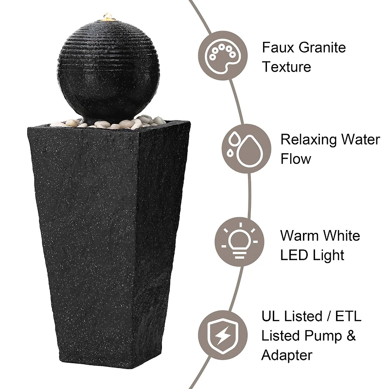 Glitzhome® Modern LED Black Geometric Pedestal & Sphere Outdoor Floor Fountain