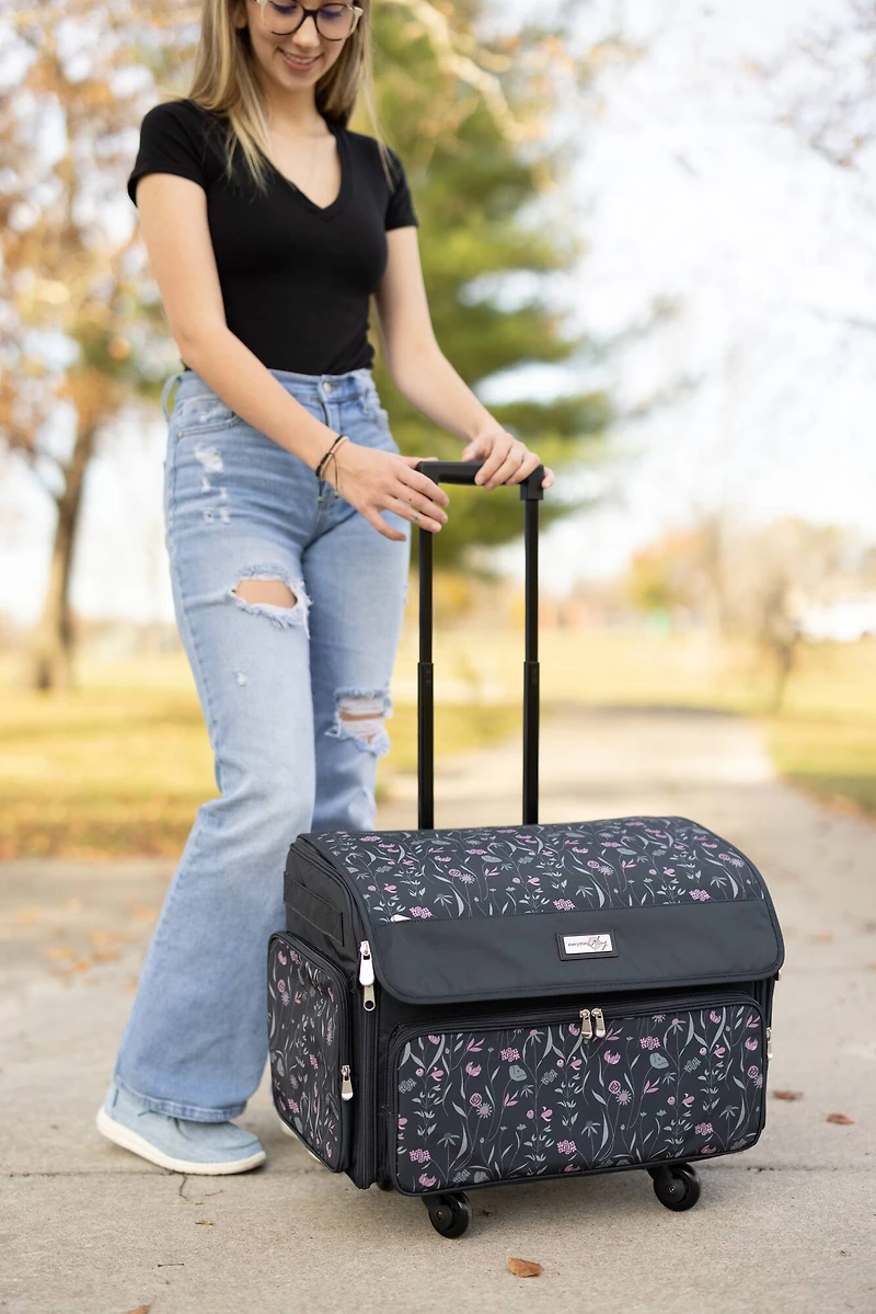 Everything Mary Pink & Gray Floral 4 Wheel Collapsible Deluxe Sewing Machine Storage Case