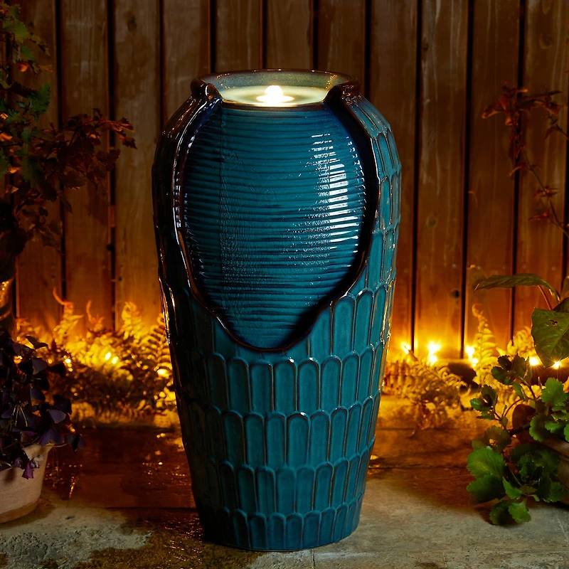 Glitzhome® 28.25" LED Petals Textured Ceramic Jar Outdoor Floor Fountain