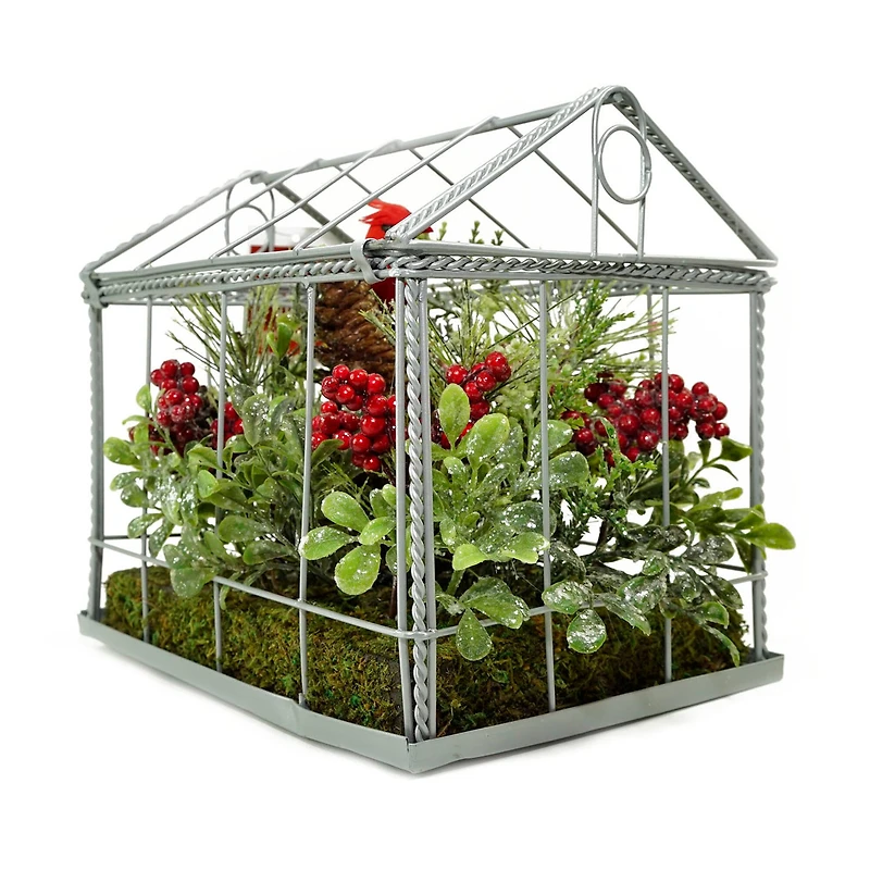 9" Red & Green Cardinal Boxwood Artificial Christmas Greenhouse Arrangement
