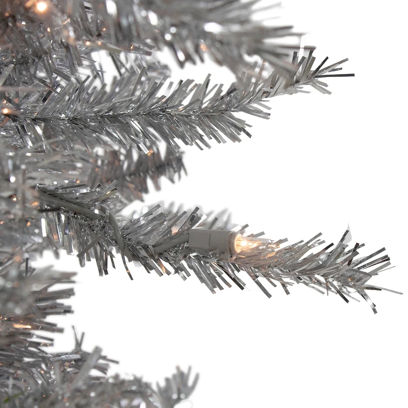 9ft. Pre-Lit Silver Noble Fir Tinsel Artificial Christmas Tree, Clear Lights