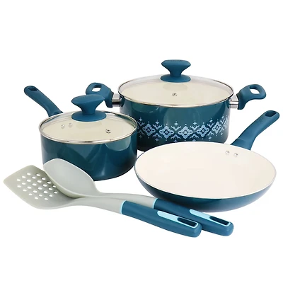 Spice by Tia Mowry Savory Saffron Teal  7 Piece Ceramic Nonstick Aluminum Cookware Set with Nylon Utensils