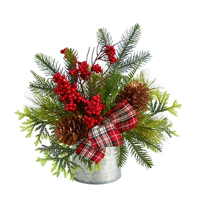 12" Holiday Winter Pinecones, Berries, Greenery & Plaid Bow Arrangement