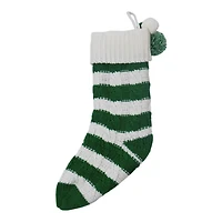 18.5" Green & White Stripe Knit Stocking with Pom Poms by Ashland®