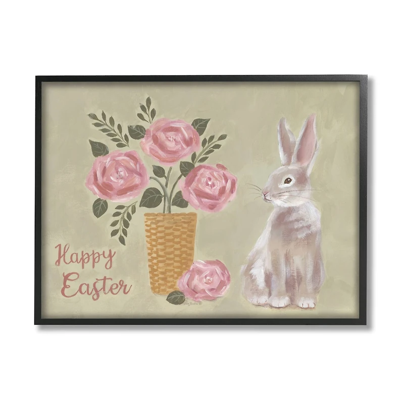 Stupell Industries Happy Easter Bunny Rose Bouquet Framed Giclee Art