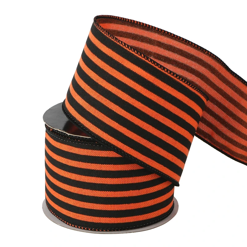 2.5" x 6.6yd. Orange & Black Striped Wired Faux Linen Ribbon by Celebrate It®