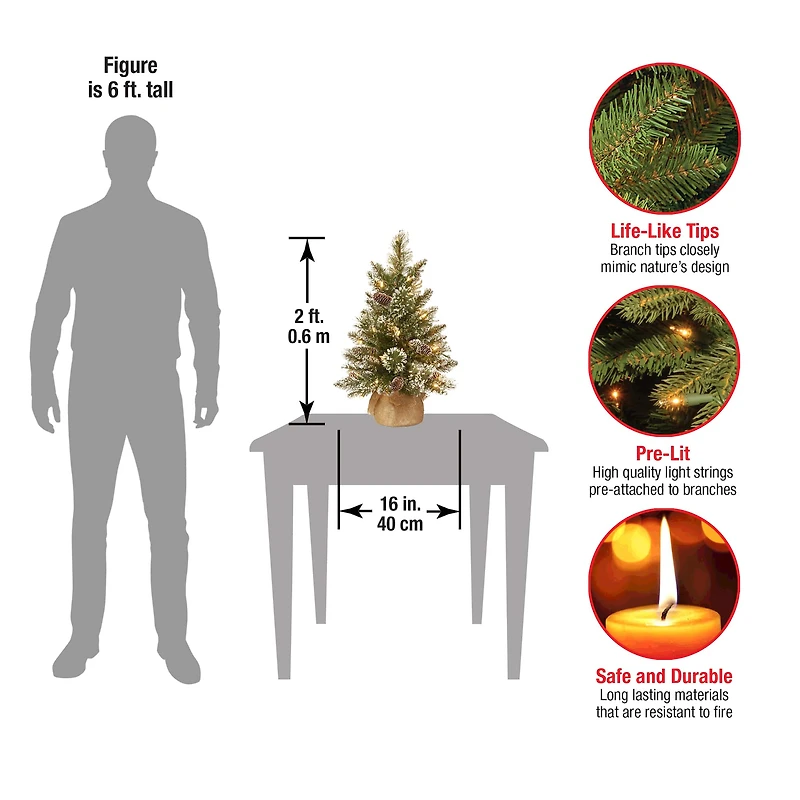 2ft. Pre-lit Glittery Bristle® Pine & Burlap Artificial Christmas Tree, Warm White LED Lights