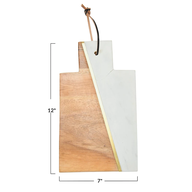 Hello Honey® 12" White and Natural Boho 2-Tone Marble and Acacia Wood Charcuterie or Cutting Board with Brass Inlay and Leather Tie