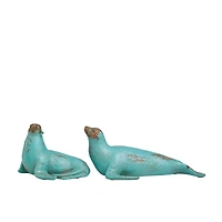 Teal Polystone Distressed Sea Lion Sculpture Set