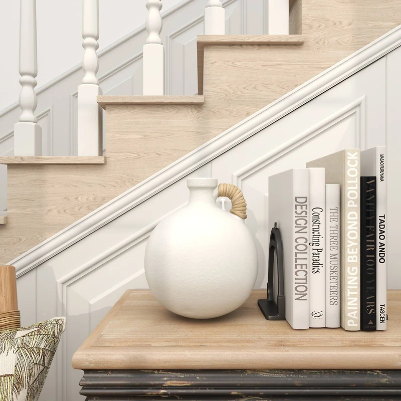 11" White Ceramic Jug Inspired Vase with Rattan Wrapped Handle