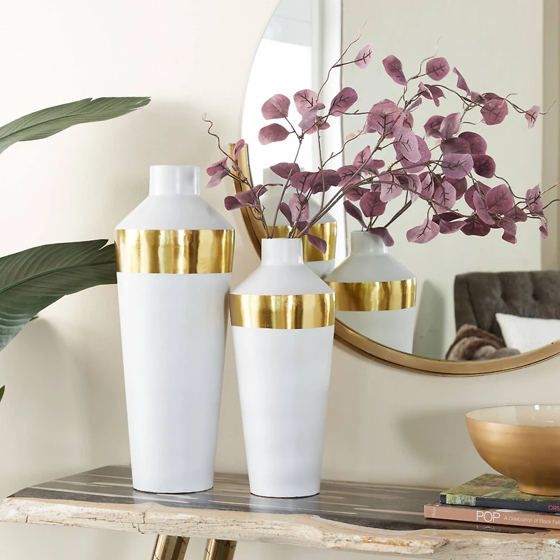 White & Gold Metal Modern Vase Set