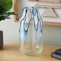 13" Cream with Wavy Blue Design Abstract Glass Vase