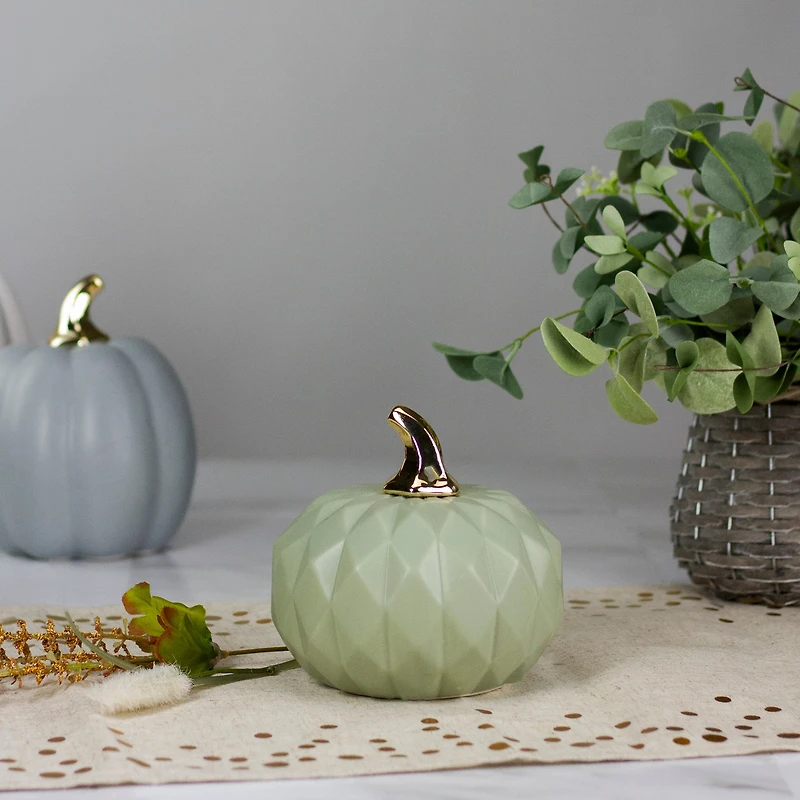 7" Green & Gold Fall Harvest Ceramic Pumpkin Decoration