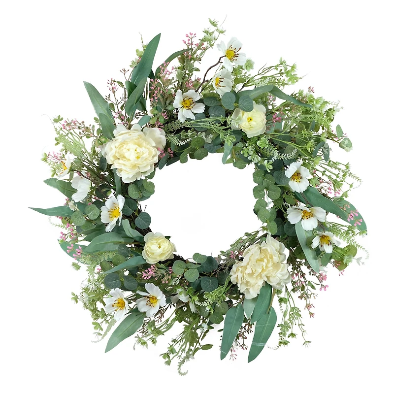 24" White Spring Peony & Dogwood Floral Wreath