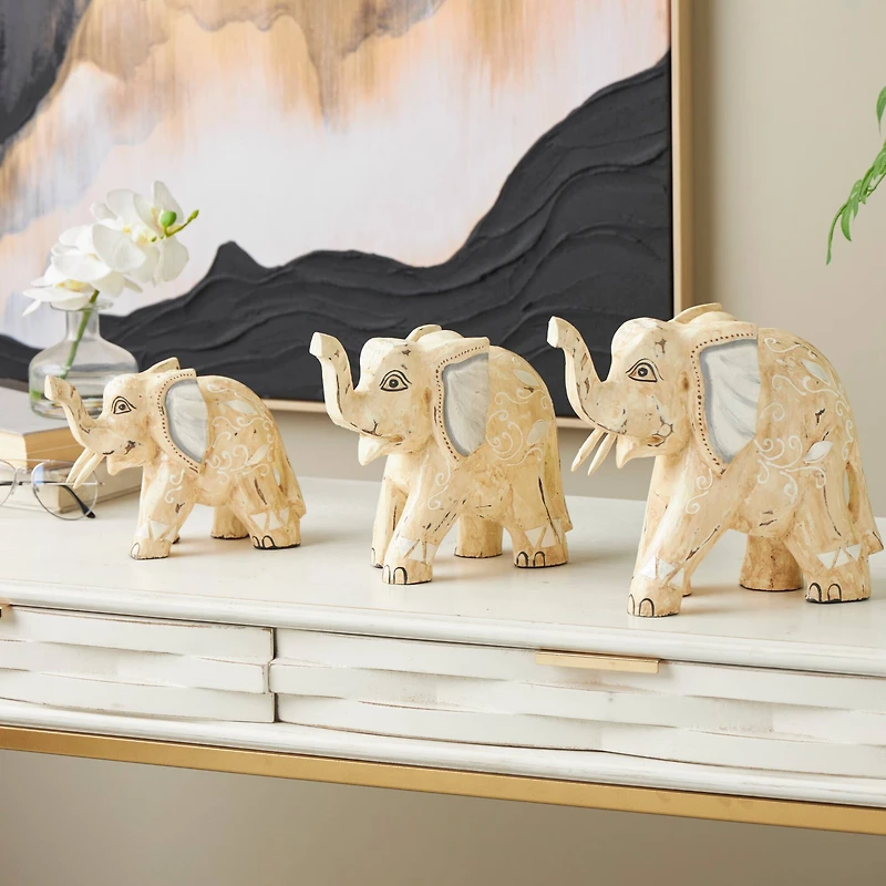 Light Brown Wood Elephant Handmade Sculpture Set, 3ct.