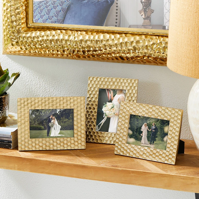 Glitzhome® 3 Pack 4" x 6" Gold Honeycomb Resin Tabletop Picture Frames