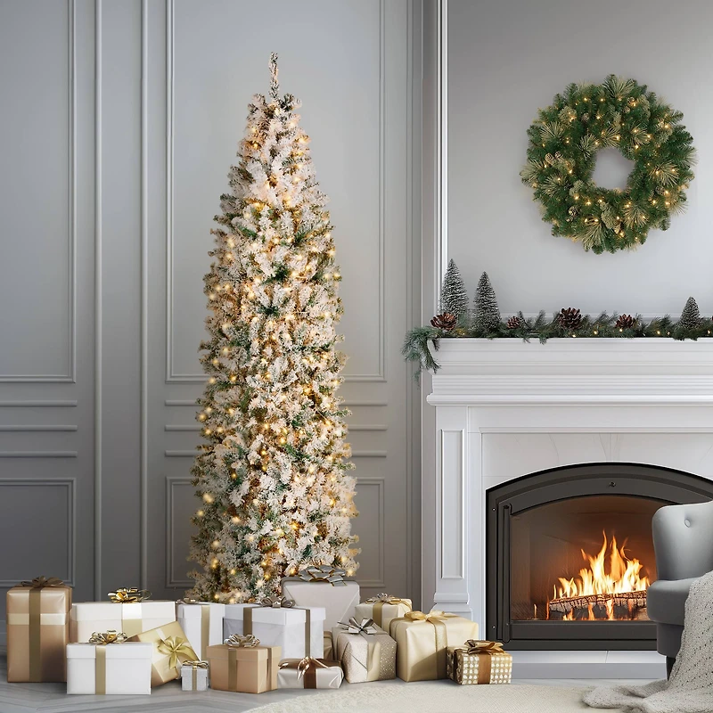 9ft. Pre-Lit Acacia Flocked Artificial Christmas Tree, Clear Lights