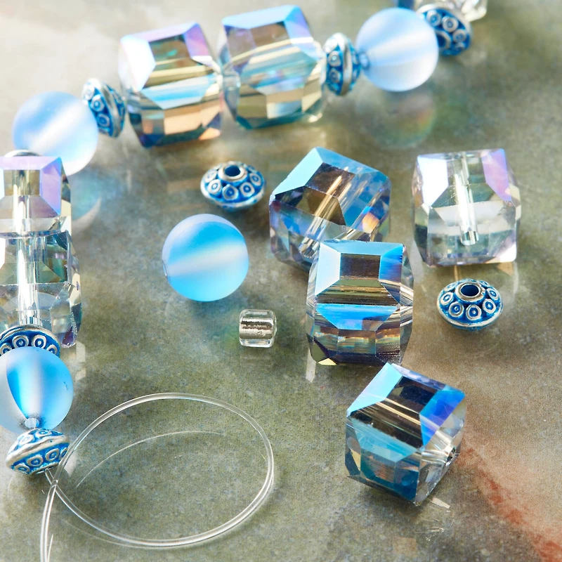 12 Pack: Aqua Mixed Glass Round & Cube Beads by Bead Landing™