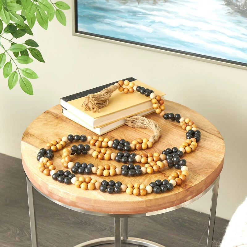 80" Handmade Mango Wood Round Double Layered Carved Bead Garland with Tassels