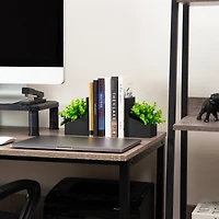 Mind Reader Contemporary Planter Bookends, Book Holders with Faux Greenery, Decorative Desktop or Shelf Organizer, Cement, Set of 2, Black