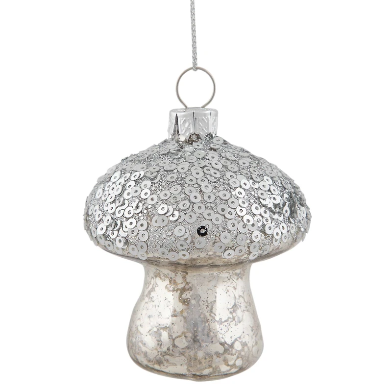 Sequined Mercury Glass Mushroom Christmas Ornament - 3.5" - Silver Finish