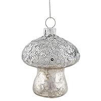 Sequined Mercury Glass Mushroom Christmas Ornament - 3.5" - Silver Finish