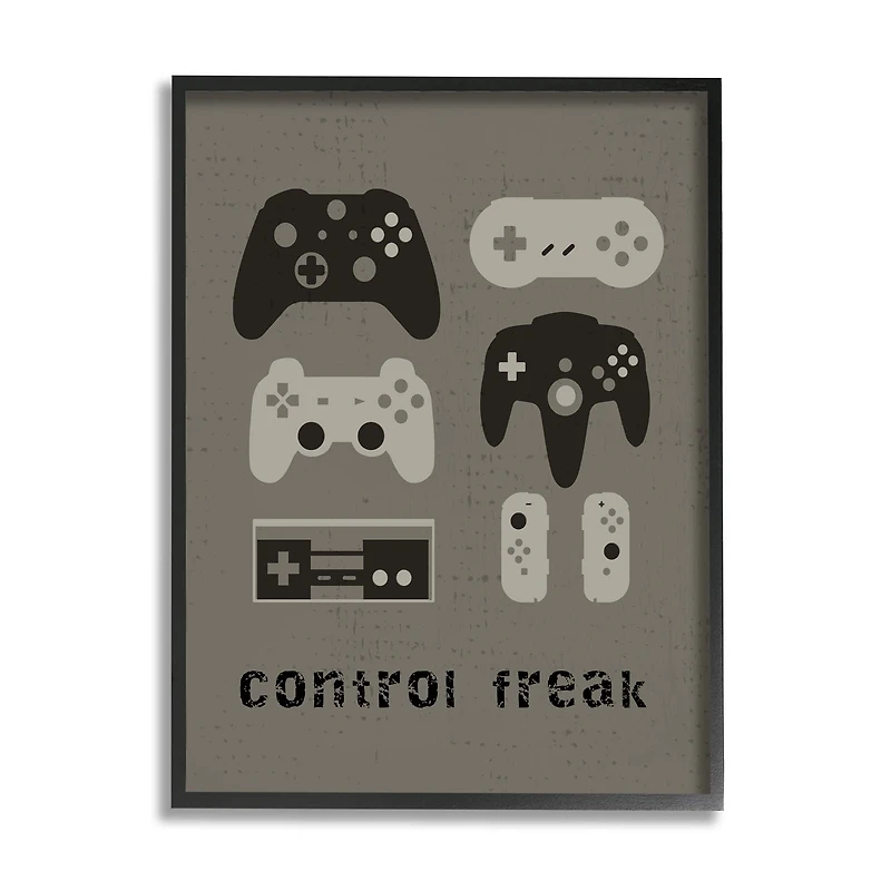 Stupell Industries Control Freak Distressed Pattern Black Grey Controllers in Black Frame Wall Art
