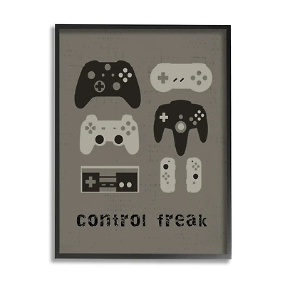Stupell Industries Control Freak Distressed Pattern Black Grey Controllers in Black Frame Wall Art