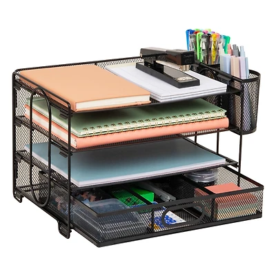 Mind Reader Mesh Desk Organizer, 3 Trays, 1 Drawer, 2 Pen Holders, Office Desktop Organizer, Metal Mesh