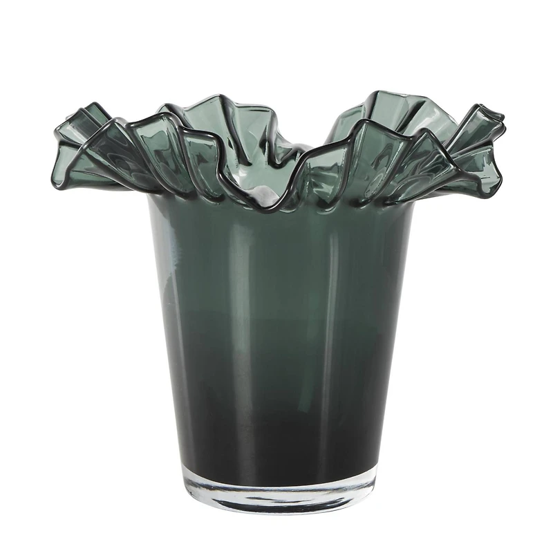 Green Glass Floral Tulip Inspired Ombre Vase with Wavy Opening