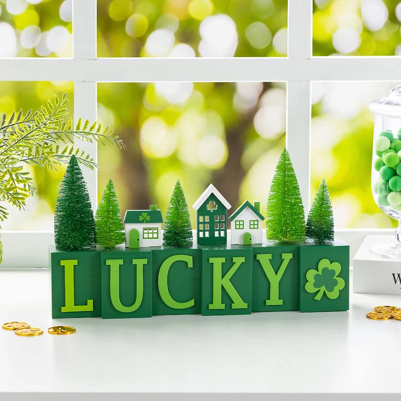 Glitzhome® 14" St. Patrick's Wooden House and Brush Trees "LUCKY" Table Decor