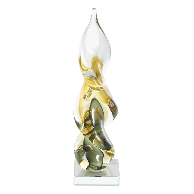 12" Clear, Yellow & Green Abstract Glass Sculpture