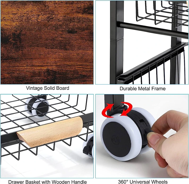 Black 5-Tier Metal Wire Basket Shelf Kitchen Storage Rolling Cart