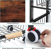 Black 5-Tier Metal Wire Basket Shelf Kitchen Storage Rolling Cart